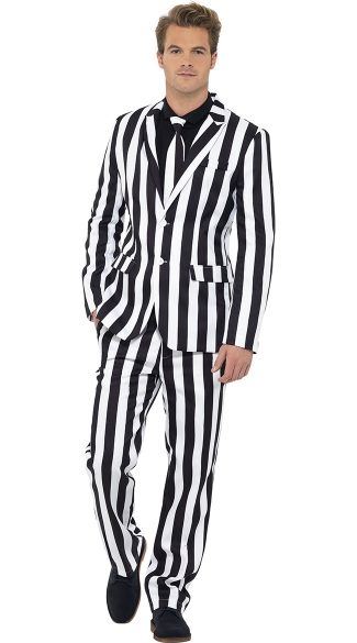 Men's White and Black Striped Suit Costume, Mens Striped Costume Suit