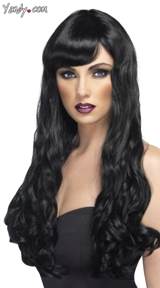 Long Black Curled Wig, Black Long Wig, Black Wig with Bangs