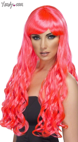 Long Fuchsia Curled Wig, Hot Pink Wig with Bangs, Neon Pink Wig