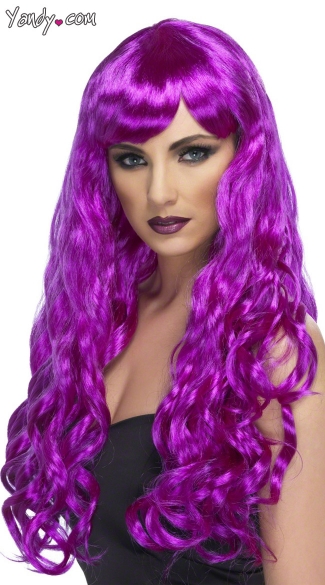 Long Neon Purple Curled Wig, Purple Costume Wig, Long Purple Wig