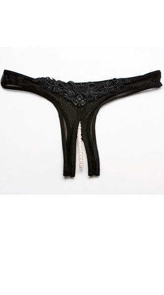 Crotchless Mesh Panty with Pearls, Black Open Crotch Panty