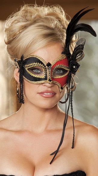 Beaded Two Tone Velvet Eye Mask with Feathers, Sexy Red and Black Velvet Eye Mask, Masquerade Red Black and Gold Mask with Beads
