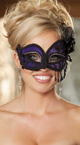 Purple Satin and Lace Eye Mask with Rhinestones, Fancy Satin Eye Mask with Beads, Beaded Masquerade Eye Mask in Purple Satin