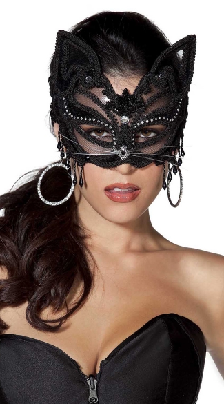 Beaded Cat Mask with Rhinestones, Sheer Mesh Black Cat Mask, Fancy Black Cat Mask