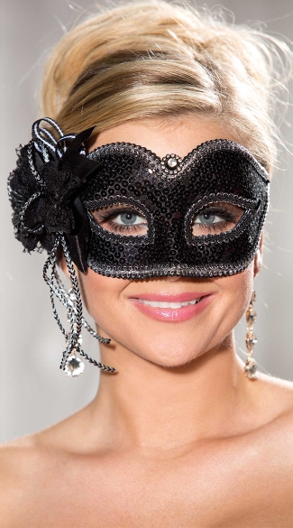Black Sequin Eye Mask with Silver Trim, Black Sequin Costume Mask, Black Masquerade Costume Mask with Sequins