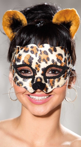 Velvet Leopard Print Mask and Ears, Sexy Leopard Costume Mask with Whiskers, Velvet Leopard Halloween Mask