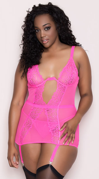 Plus Size Low Cut Mesh and Lace Chemise Set, Plus Size Lace Chemise Set, Plus Size Mesh Chemise Set