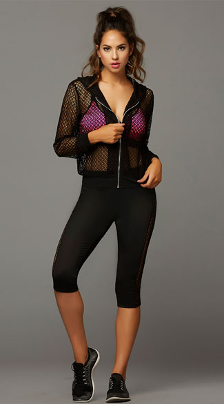 Black and Pink Netted Gym Set, Stow and Go Hot Pink Sports Bra, Pink and Black Cage Sports Bra, Caged Sports Bra, Black Netted Hoodie, Sheer Black Hoodie, Net Hoodie, Black Netted Capris, Athletic Capris, Black Net Leggings