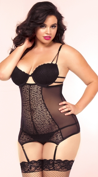 Plus Size Swirl Lace Banded Bustier Set, Plus Size Sexy Black Lingerie Sets, Plus Size Bustier and Panty