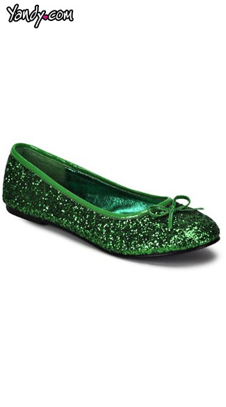 Star Glitter Flat Shoes, Green Glitter Flats