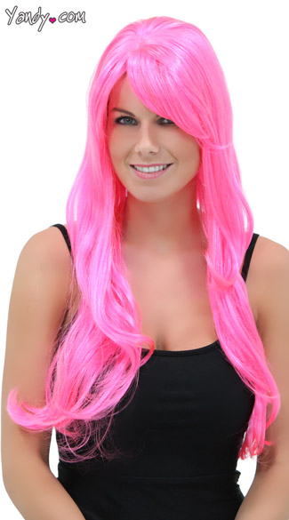 Hot Pink Long Wavy Wig, Pink Explosion Long Wig, Blush Carmen Pink Explosion Wig