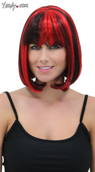 Black and Cherry Bob Wig, Blush Cindy Black Cherry, Short Black and Red Wig with Bangs