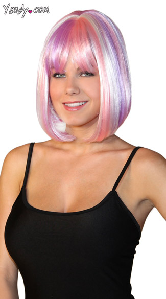 Bobbed Pink and Purple Wig, Aurora Wig, Cotton Candy Pink Wig, Pink Bobbed Wig with Bangs