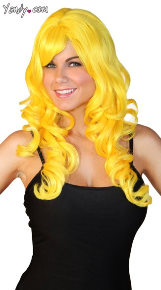 Long Yellow Curled Wig, Womens Yellow Wig, Curly Yellow Wig