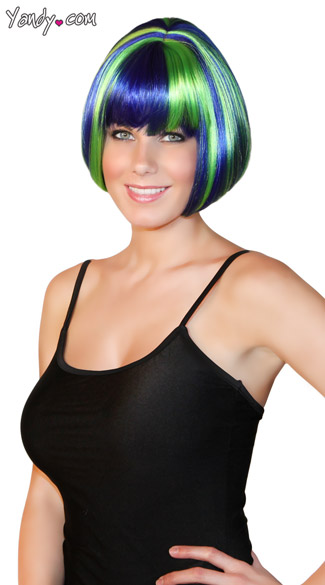 Deluxe Seashell Blue Mini Bob Wig, Green and Blue Wig, Blue Green Wig, Bobbed Streaked Wig