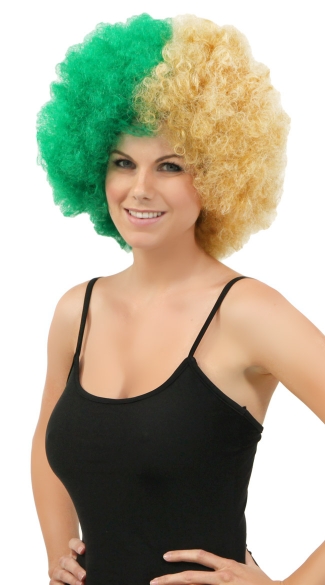 Green and Gold Two Tone Afro Wig, Combo Color Afro Wig, Sports Team Afro Wig
