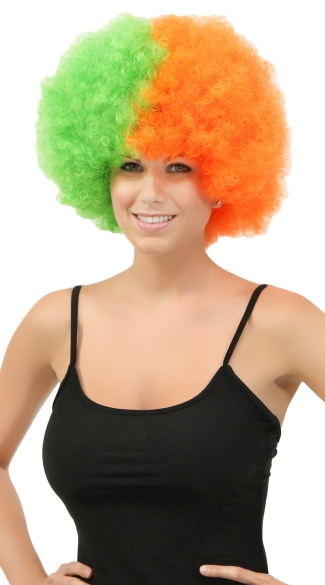 Green and Orange Two Tone Afro Wig, Combo Color Afro Wig, Sports Team Afro Wig
