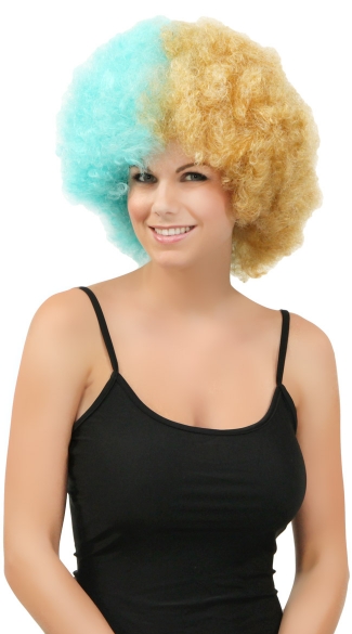 Blue and Gold Two Tone Afro Wig, Combo Color Afro Wig, Sports Team Afro Wig