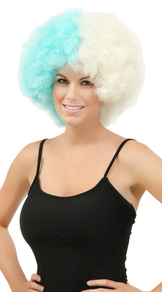 Blue and White Two Tone Afro Wig, Combo Color Afro Wig, Sports Team Afro Wig
