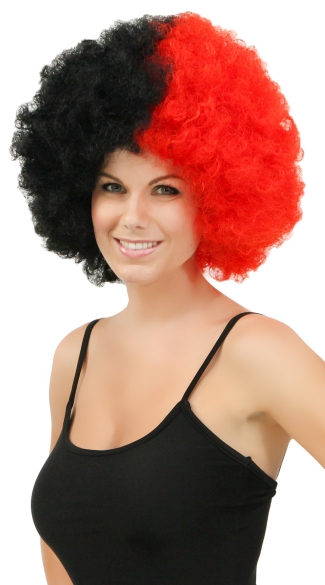 Red and Black Two Tone Afro Wig, Combo Color Afro Wig, Sports Team Afro Wig