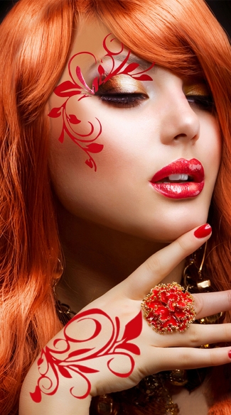 Red Lace Half Mask, Red Swirl Eye Sticker, Red Swirl Make Up Sticker