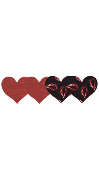 Pure Passion Hearts Pasties, Red Heart Pasties, Black and Red Lip Print Pasties