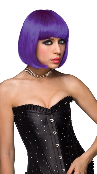 Neon Purple Explosion Curled Out Bob Wig, Neon Purple Straight Bob Wig, Purple Curled Bob Wig
