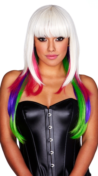 White with Neon Rainbow Tips Wig, Neon Rave Wig, Neon Wig, White Wig