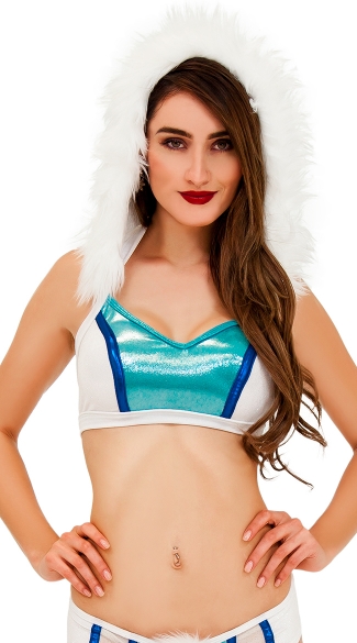 Holiday Snow Queen Hooded Crop Top, Sexy Holiday Crop Top with Hood, Metallic Bra Top with Faux Fur Hood