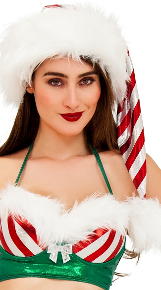 Yandy Metallic Striped Holiday Hat, Furry Metallic Santa Hat, Striped Christmas Hat