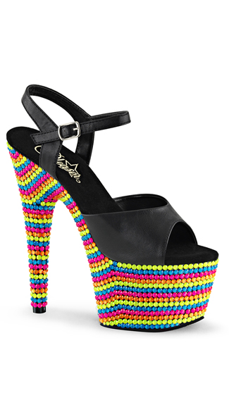 7\" Neon Rhinestone Encrusted Sandal, UV Reactive Heel, 7 Inch Platform