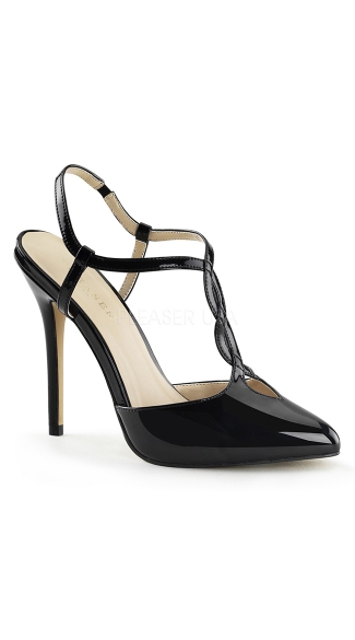 Slingback Patent Pump with Woven T-Strap, Sexy High Heel Shoes, Black Slingback Heels - Yandy.com