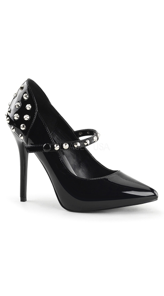 Rhinestone Studded Mary Jane Pump, Black Patent Stiletto Mary Jane, Rhinestone Mary Jane High Heel