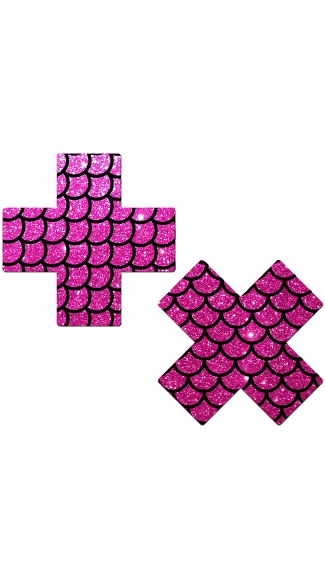 Hot Pink Glittery Cross Pasties With Scales, Glitter Nipple Pasties, Cross Nipple Pasties