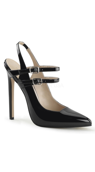 Double Strap Pointed Toe Pumps, Black Strappy Pumps