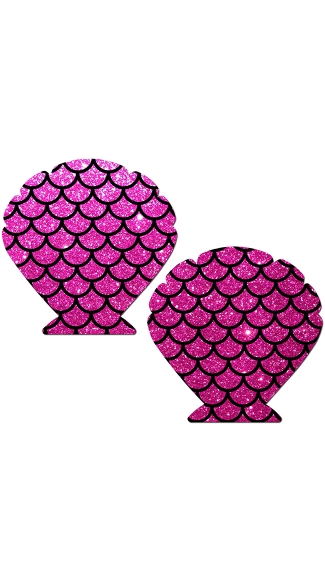 Hot Pink Glittery Seashell Pasties With Scales, Shell Shaped Nipple Pasties, Mermaid Nipple Pasties