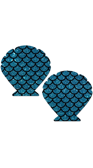 Turquoise Glittery Seashell Pasties With Scales, Shell Shaped Nipple Pasties, Mermaid Nipple Pasties