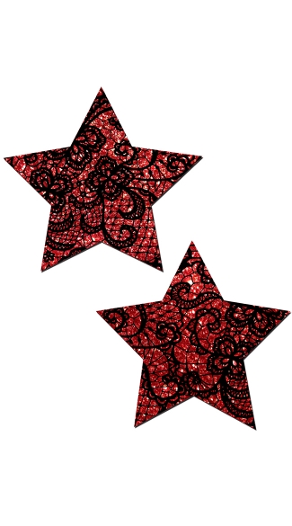 Red Glitter With Black Lace Star Pasties, Glitter Nipple Pasties, Star Nipple Pasties