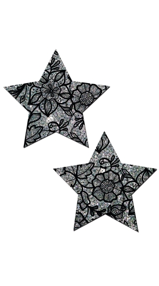 Silver Glitter And Black Lace Star Pasties, Glitter Nipple Pasties, Lace Nipple Pasties