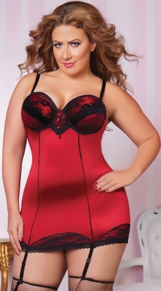 Plus Size Red Satin and Black Lace Chemise Set