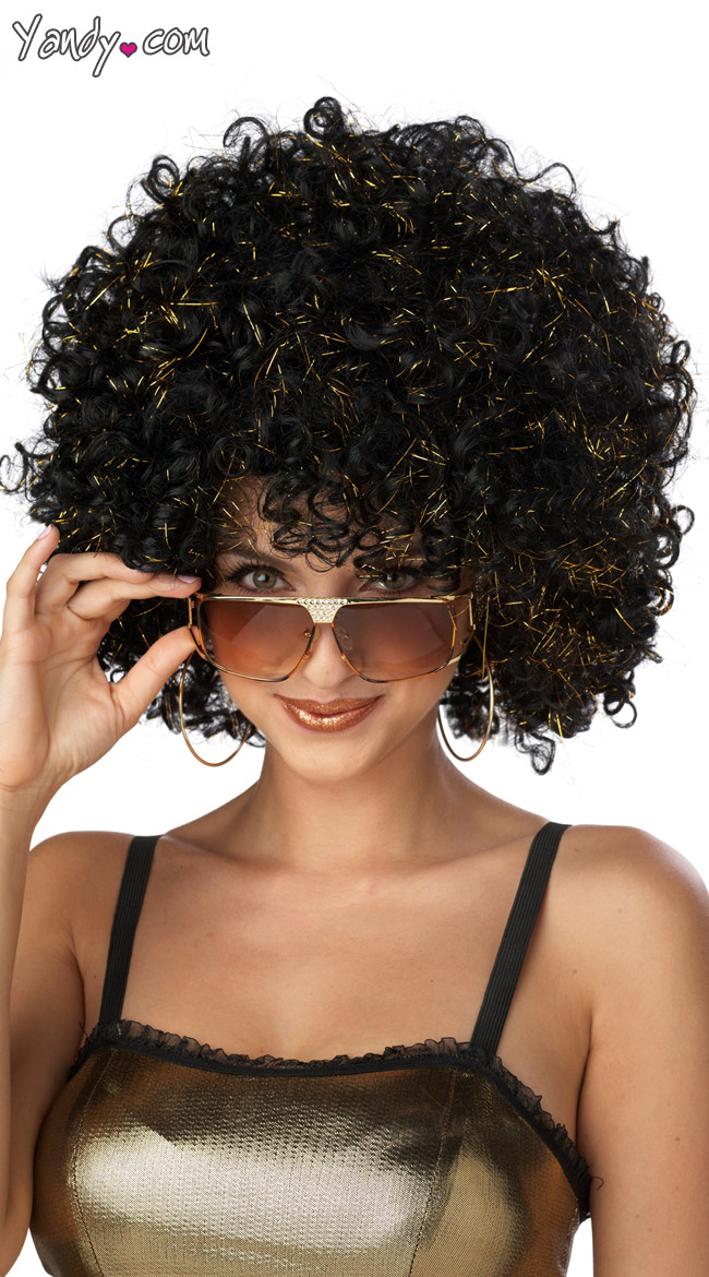 Disco Glitter Wig, Black and Gold Disco Wig, 70s Glitter Wig