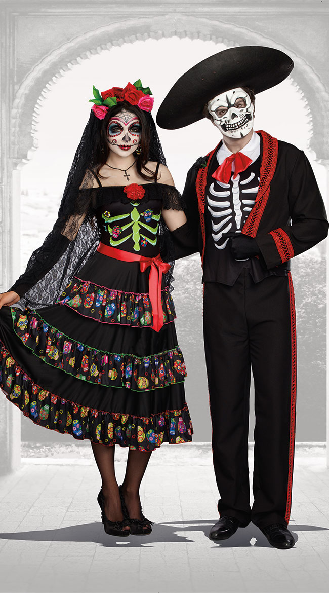 Duo of the Dead Couples Costume, Lady Of The Dead Costume, Flirty Day of the Dead Costume