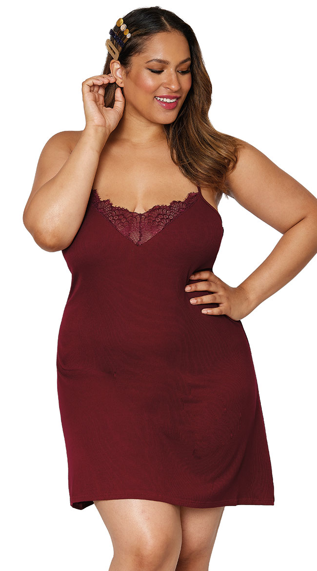 Plus Size Snug Knit and Lace Nightgown, Plus Size Ribbed Lace Pajama ...