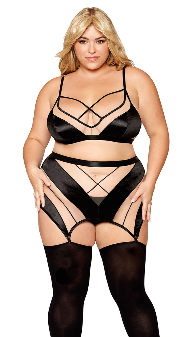Plus Size Nude and Black Striped Bra Set, Plus Size Black and Nude