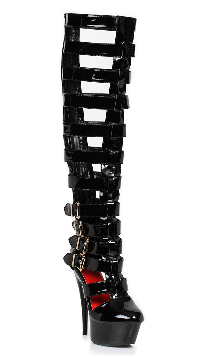 6" Black Cage Boots, knee high cage boots