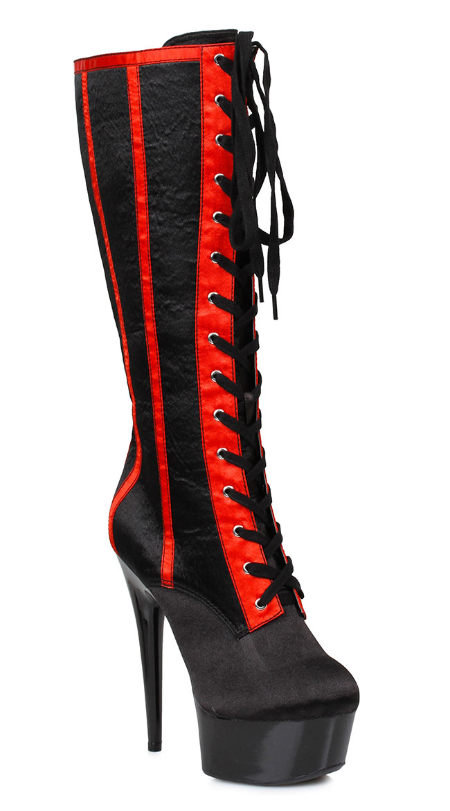 red satin thigh high boots