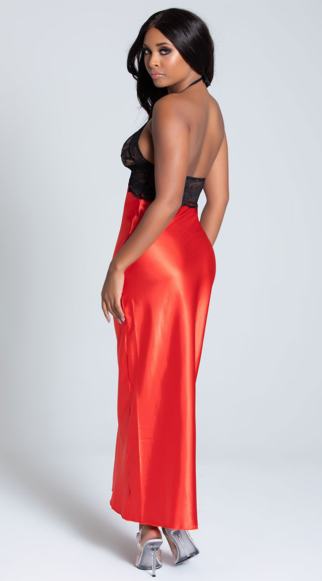 Red Charmeuse Gown, Red Gown with Black Lace Bodice - Yandy.com