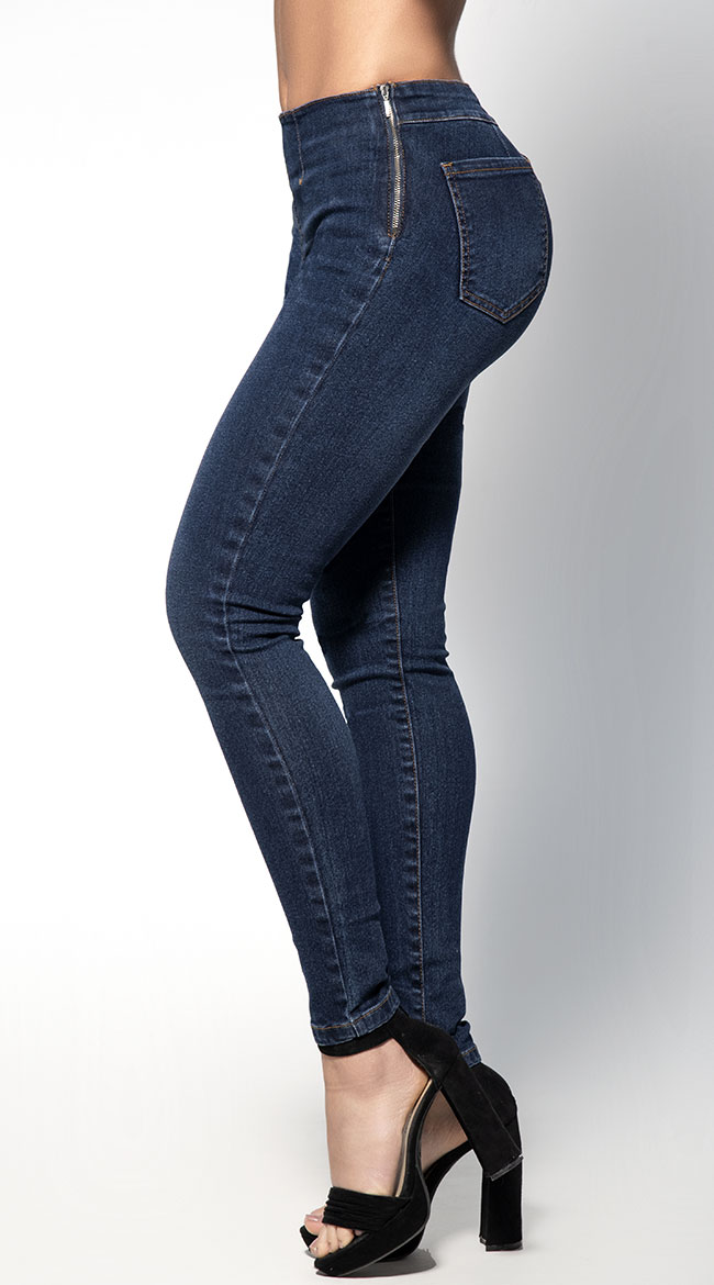Fawn Side Zipper Butt Lifting Jeans, Blue Stretch Skinny Jeans - Yandy.com