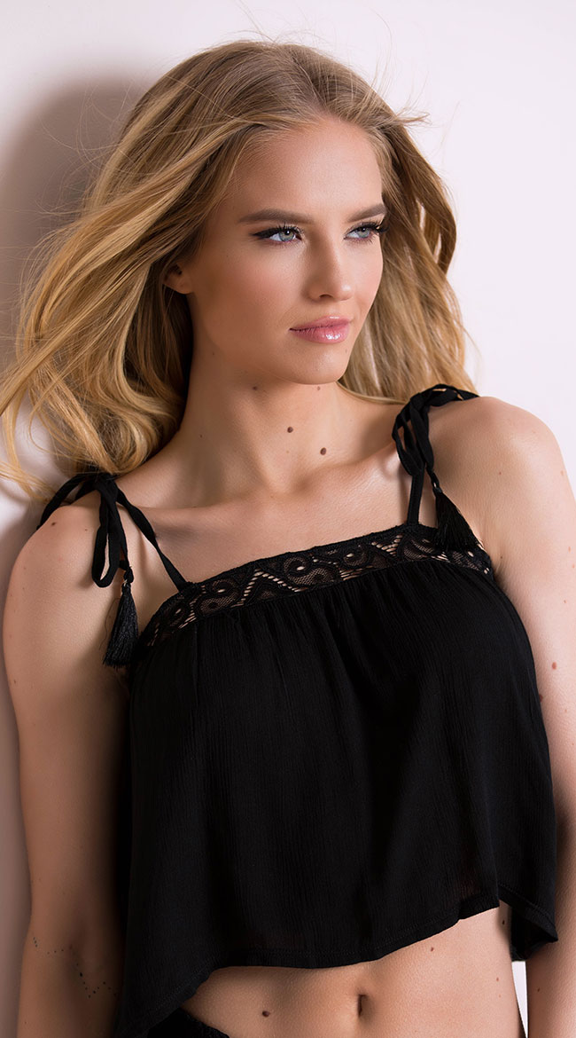 Moonlight Gauze Swing Top, Black Crop Top with Lace