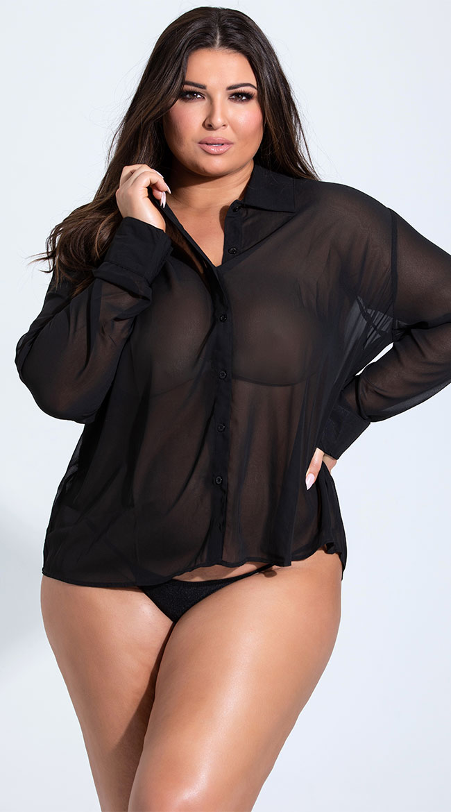 Plus Size French Cuffed Button Down Sleep Shirt, Plus Size Sleep Shirts